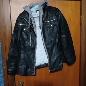 Men's Black Faux Leather Jacket with Hood
